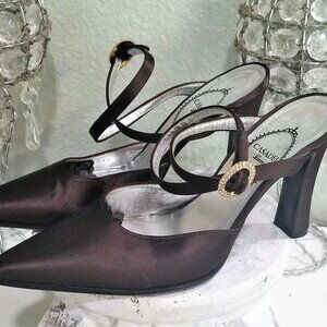 Casadei Luxe Brown Satin Ankle Wrap Rhinestone Buckle Pumps Heels Italy 7.5